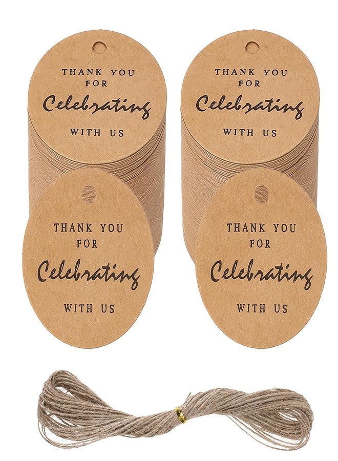 Qulkws 100 Pcs Thank You Gift Tags with String, Round Calligraphy Thank You Tag, 1.2 inch Brown Round Gifts Tags with 22 Yard String, Brown Paper Gifts Tag for Gift Wrap DIY Arts Wedding Parties - Image 1